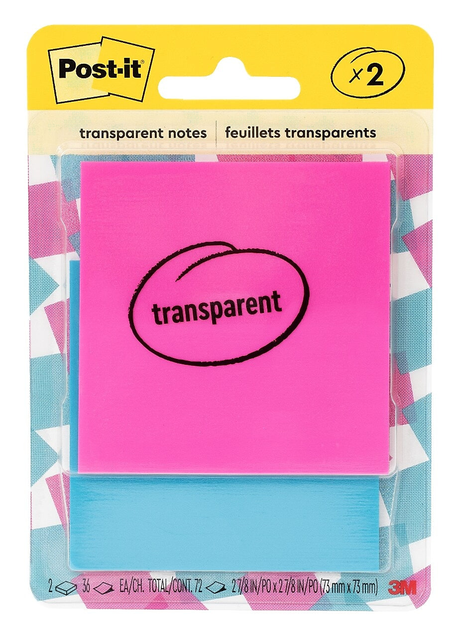 Post-it Transparent Pop-up Super Sticky Notes Combo Pack, 2" x 2", Assorted Colors, 30 Sheets/Pad, 2 Pads/Pack (600-2COL)