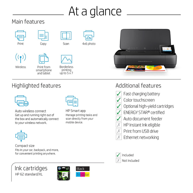 HP OfficeJet 250 Portable Wireless Color All-In-One Inkjet Printer, Print, Scan, Copy, Best for Home Office (CZ992A)