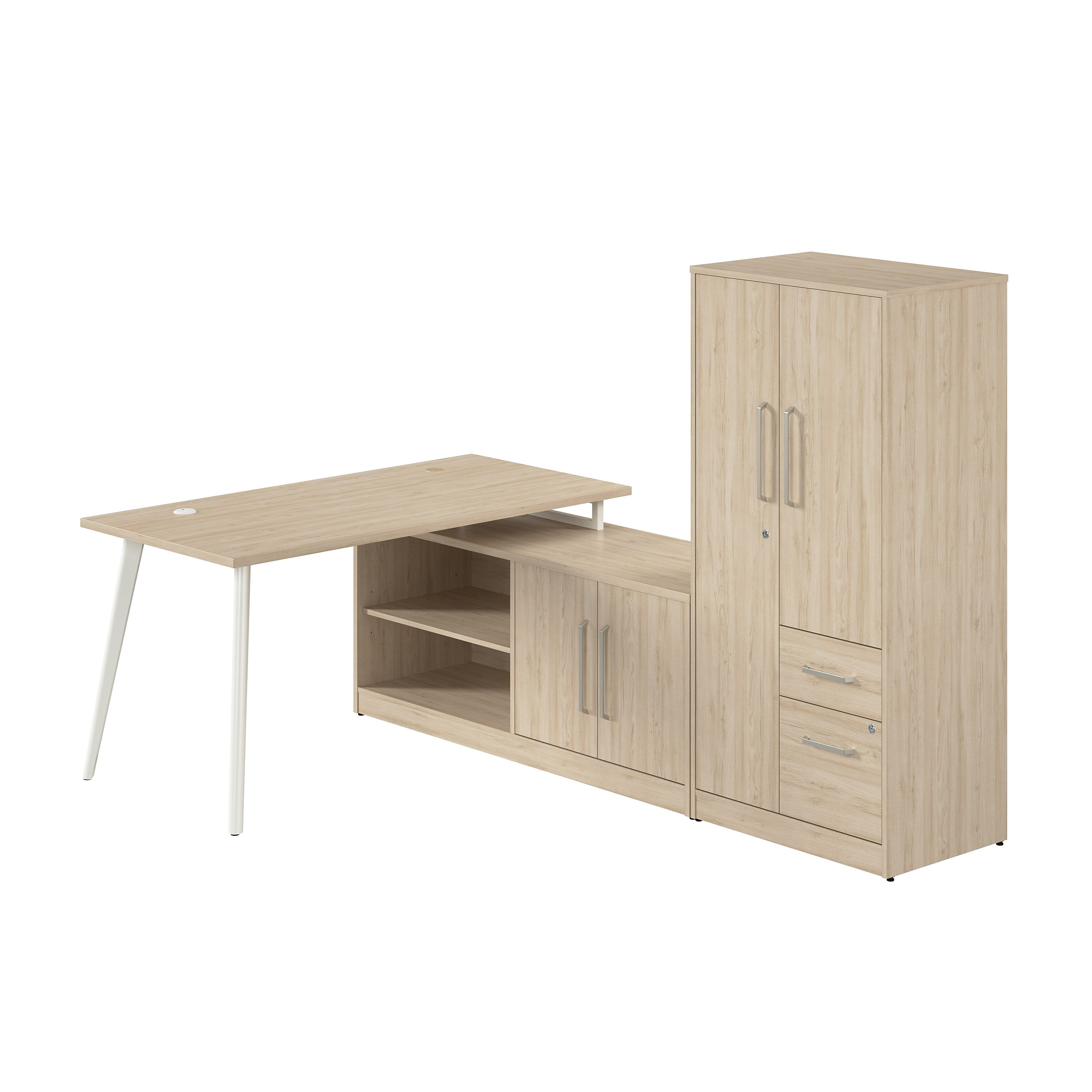 Bush Business Furniture Vista 60"W L Shaped Desk with Low Storage Cabinet and Wardrobe, Natural Elm (VST010NE)