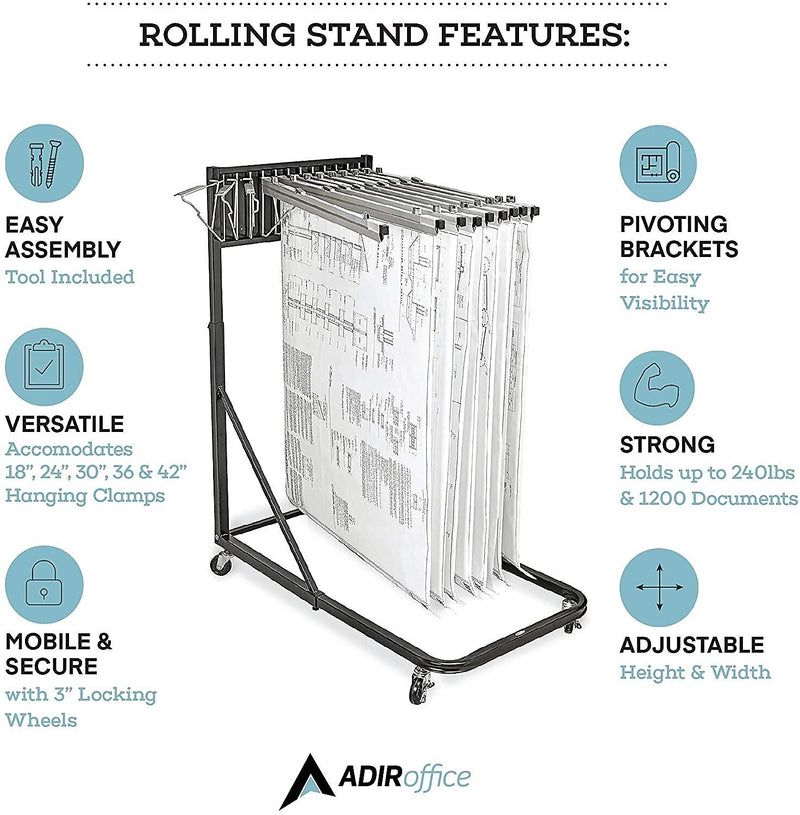 AdirOffice Steel Blueprint Vertical File Rolling Storage Stand, Black (613-BLK-KIT1)