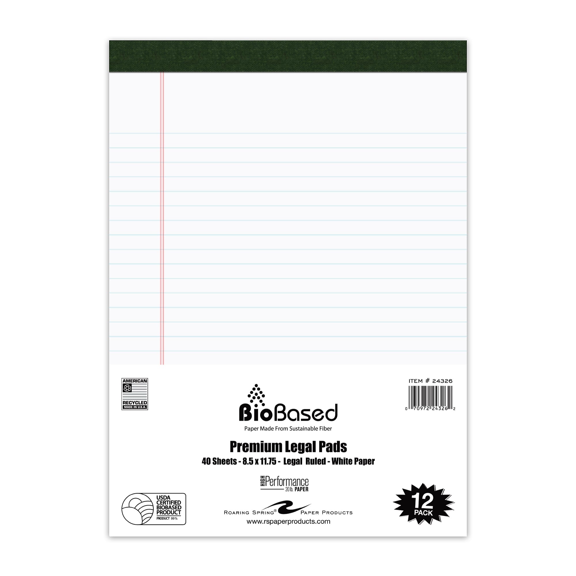 Roaring Spring Legal Pads, 8.5" x 11.75", 20 lb. Heavyweight Biobased Paper, White, 40 Sheets/Pad, 12 Pads/Pack (24326)