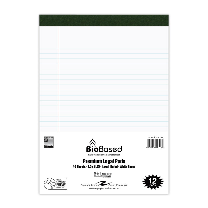 Roaring Spring Legal Pads, 8.5" x 11.75", 20 lb. Heavyweight Biobased Paper, White, 40 Sheets/Pad, 12 Pads/Pack (24326)