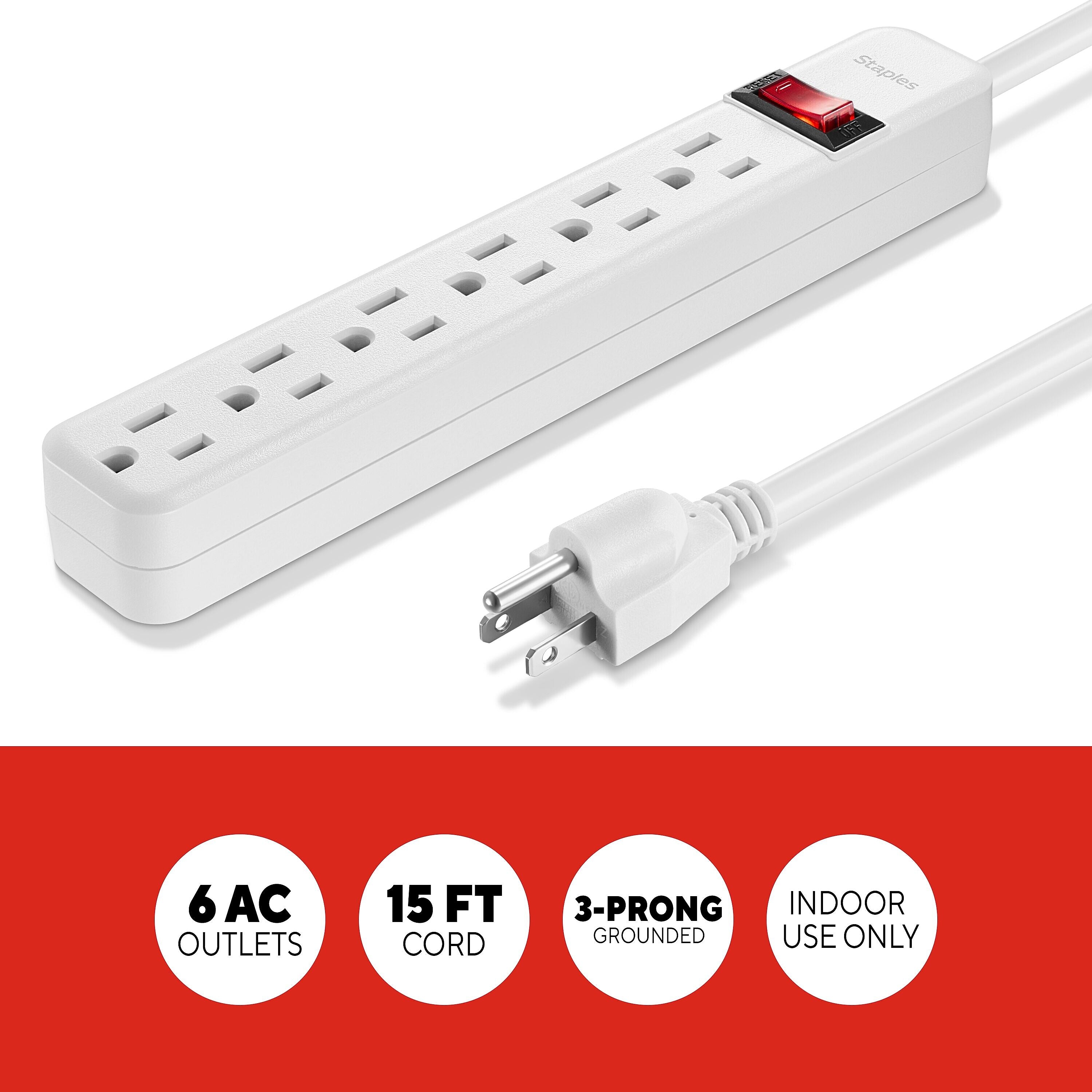 Staples TECH 6-Outlet Power Strip, 15' Cord, White (17649)