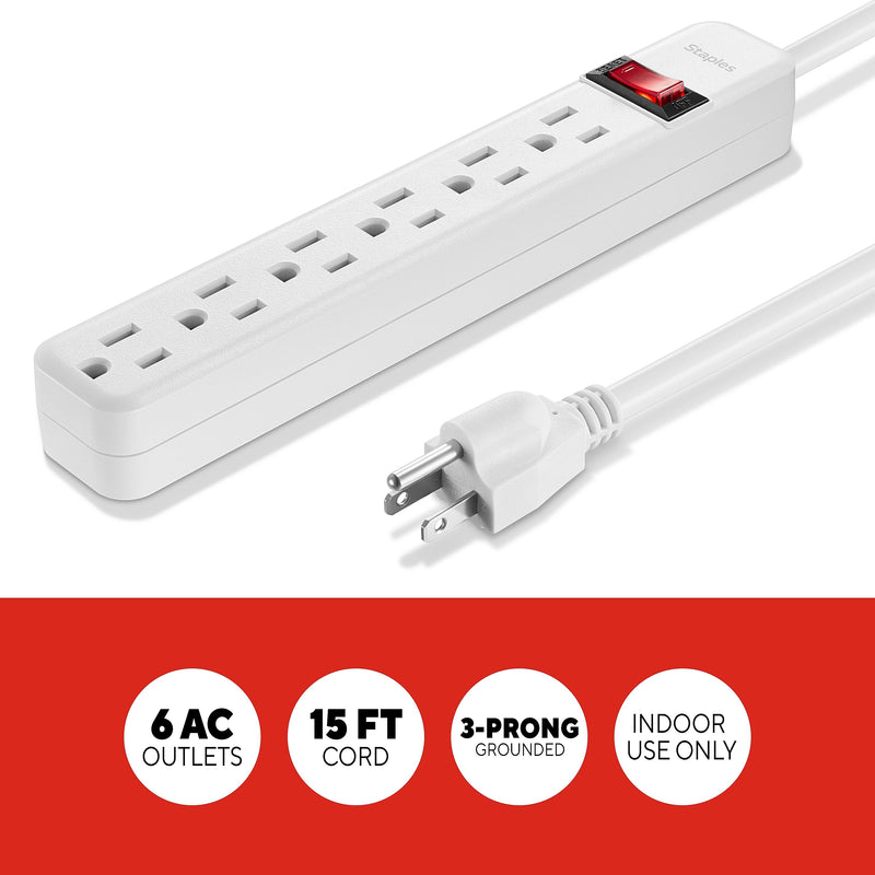 Staples TECH 6-Outlet Power Strip, 15' Cord, White (17649)