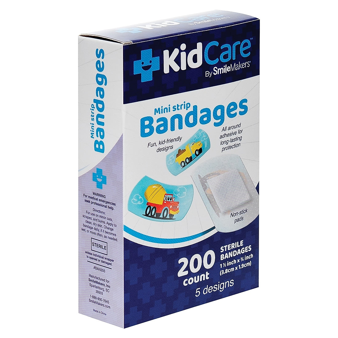 SmileMakers KidCare Construction Pals Mini Strip Bandages, 200/Box (BAN355)