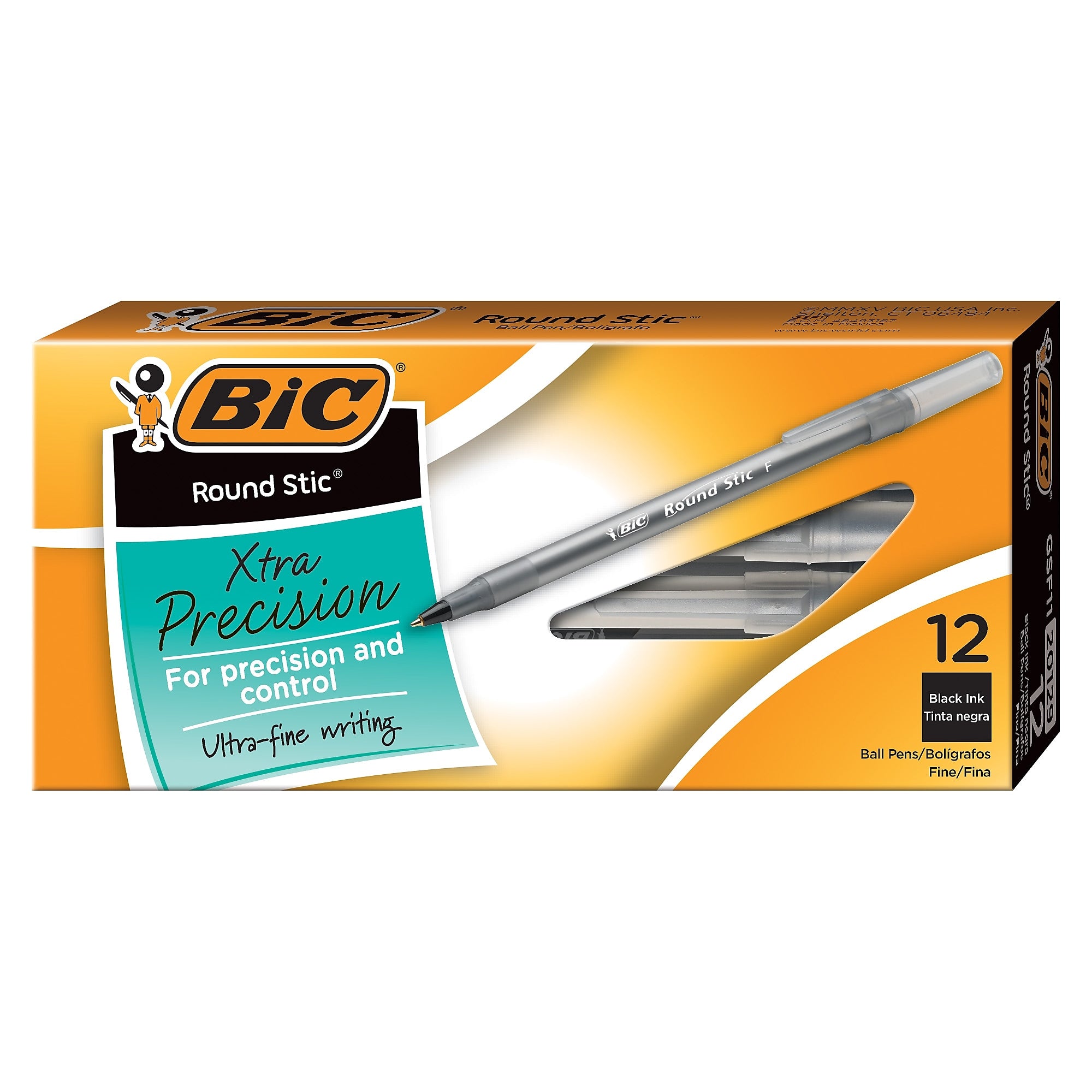 BIC Round Stic Xtra Precision Ballpoint Pens, Fine Point, 0.8mm, Black Ink, Dozen (20129/GSF11BK)