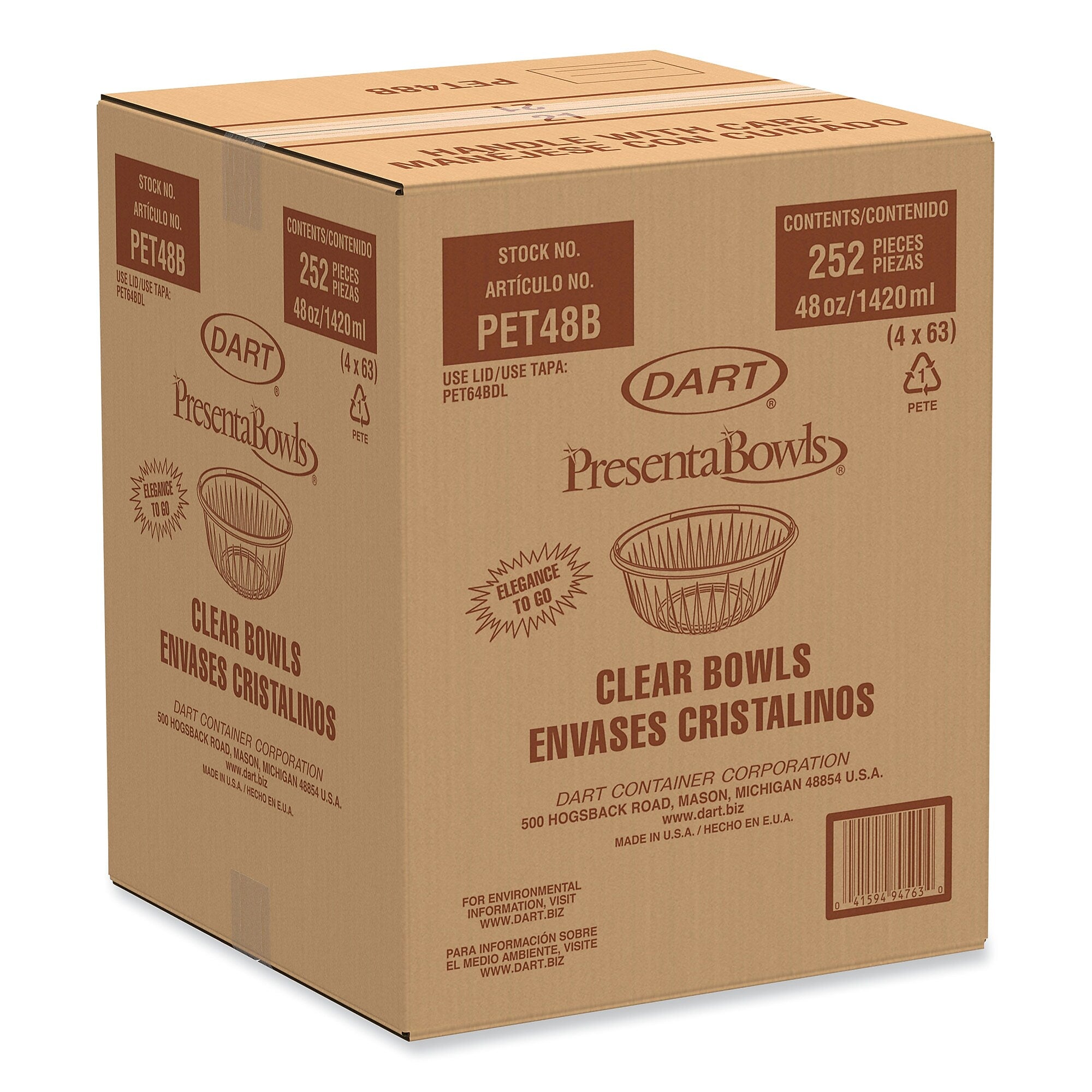 Dart® PresentaBowls Clear Bowls, 48 oz, PET Plastic, 63/Bag, 252/Carton