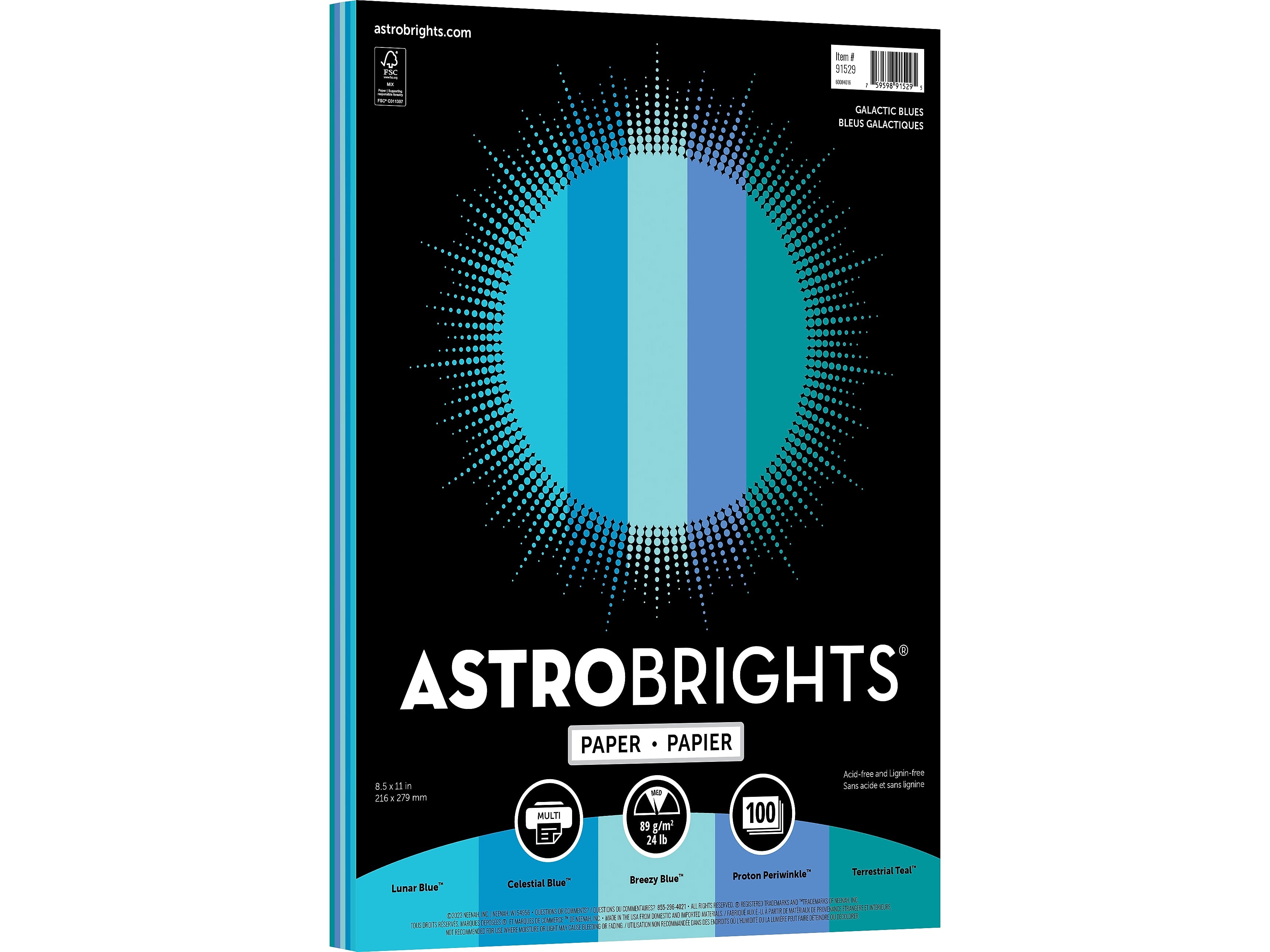 Astrobrights Colored Paper, 24 lbs., 8.5" x 11", Assorted Galactic Blues, 100 Sheets/Ream (91529)