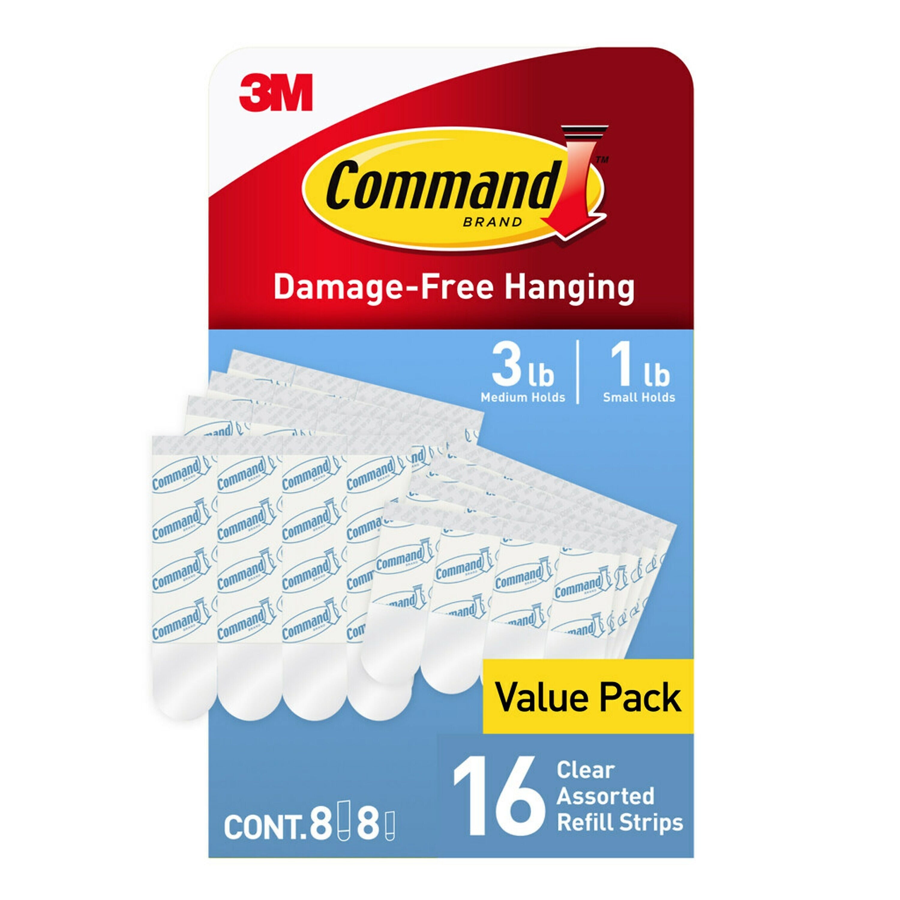 Command Assorted Hanging Strip, Transparent, 16/Pack (17200CLR-16ESF)