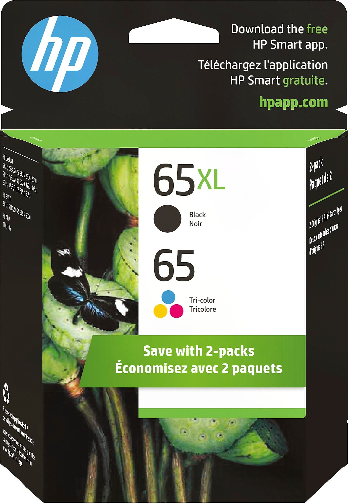 HP 65XL/65 Black High Yield and Tri-Color Standard Yield Ink Cartridge, 2/Pack (6ZD95AN)