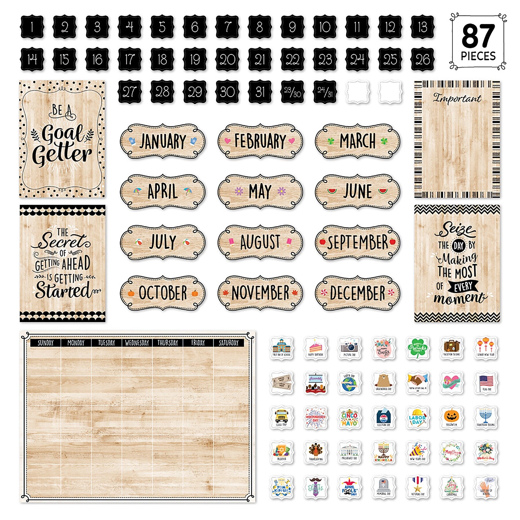 Creative Teaching Press Black, White, and Wood Calendar Set Bulletin Board Set, 87/Set (CTP10920)