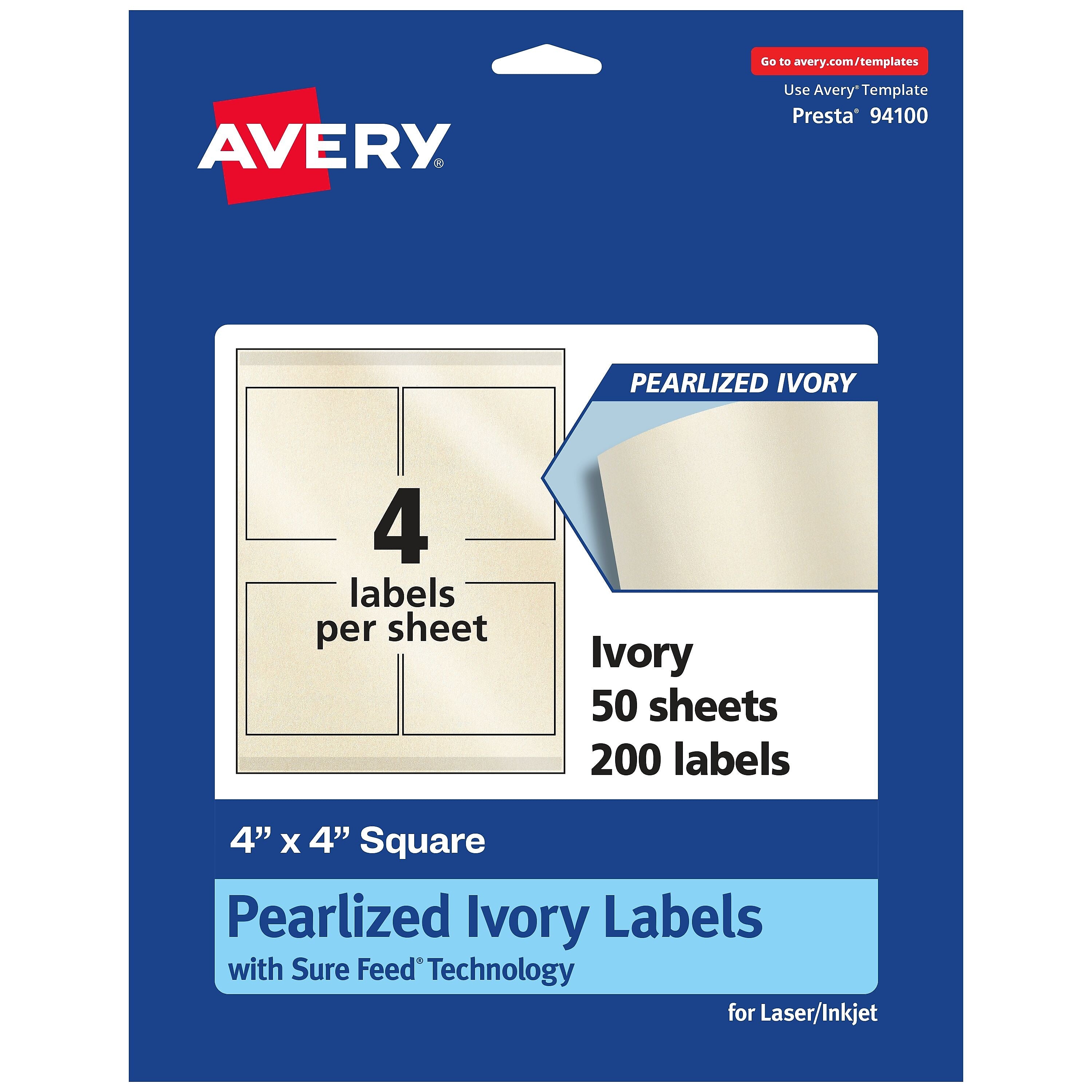Avery Laser/Inkjet Square Pearlized Labels, 4" x 4", Ivory, 200 Labels/Box (94100)