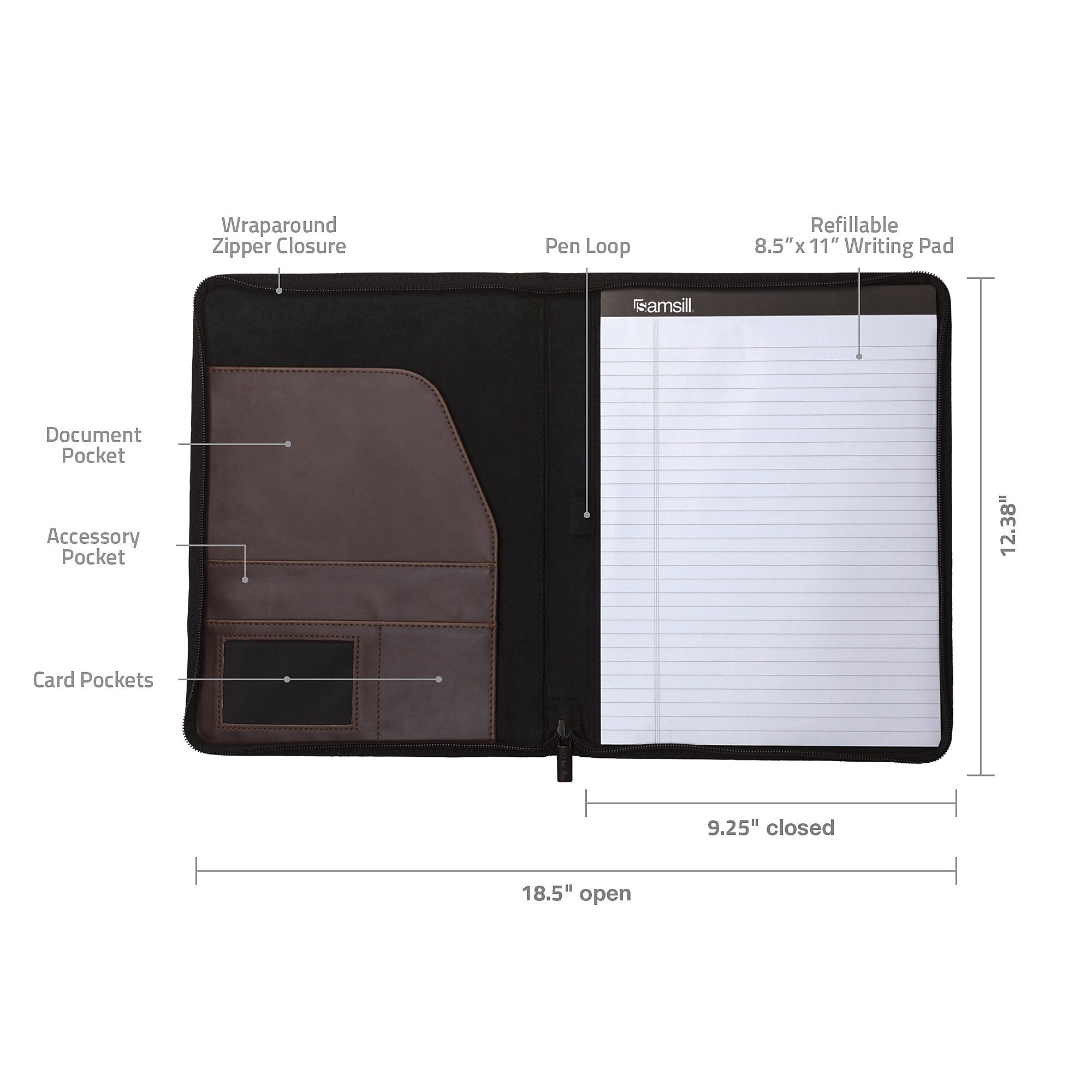 Samsill Vintage Plastic Padfolio with Zipper Closure, Dark Brown (SAM70836)