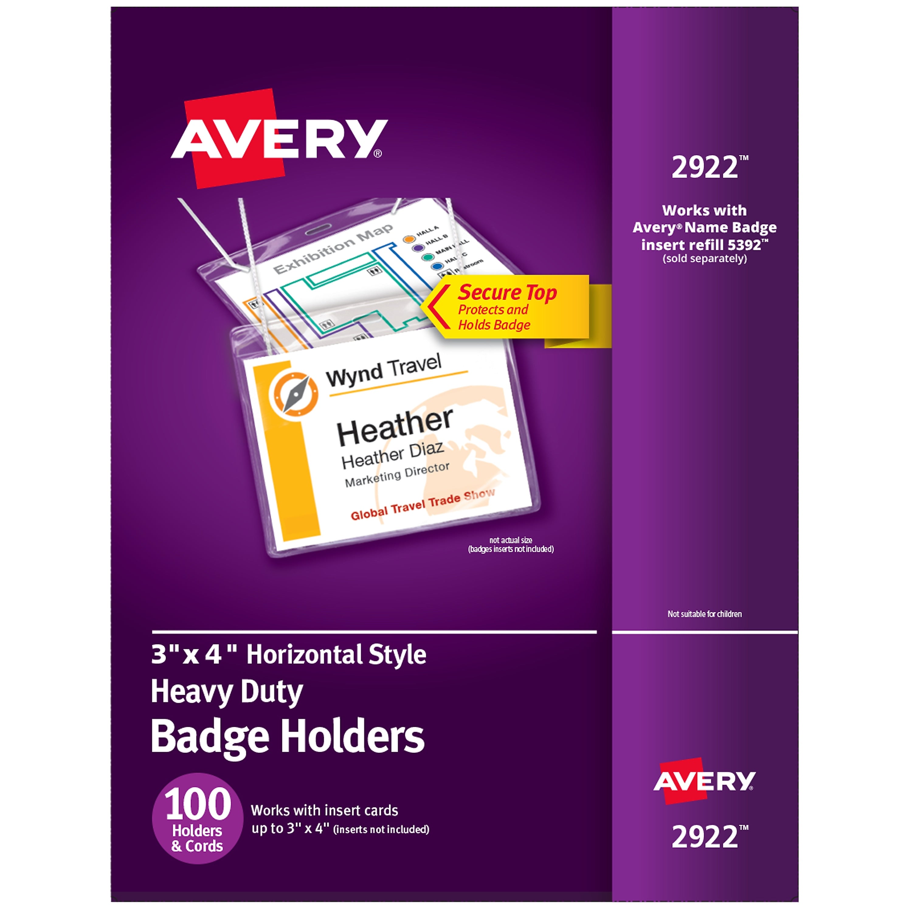 Avery Secure Top Heavy Duty Hanging Style Name Badge Holders, 3" x 4", Clear Landscape Holders, 100/Box (2922)
