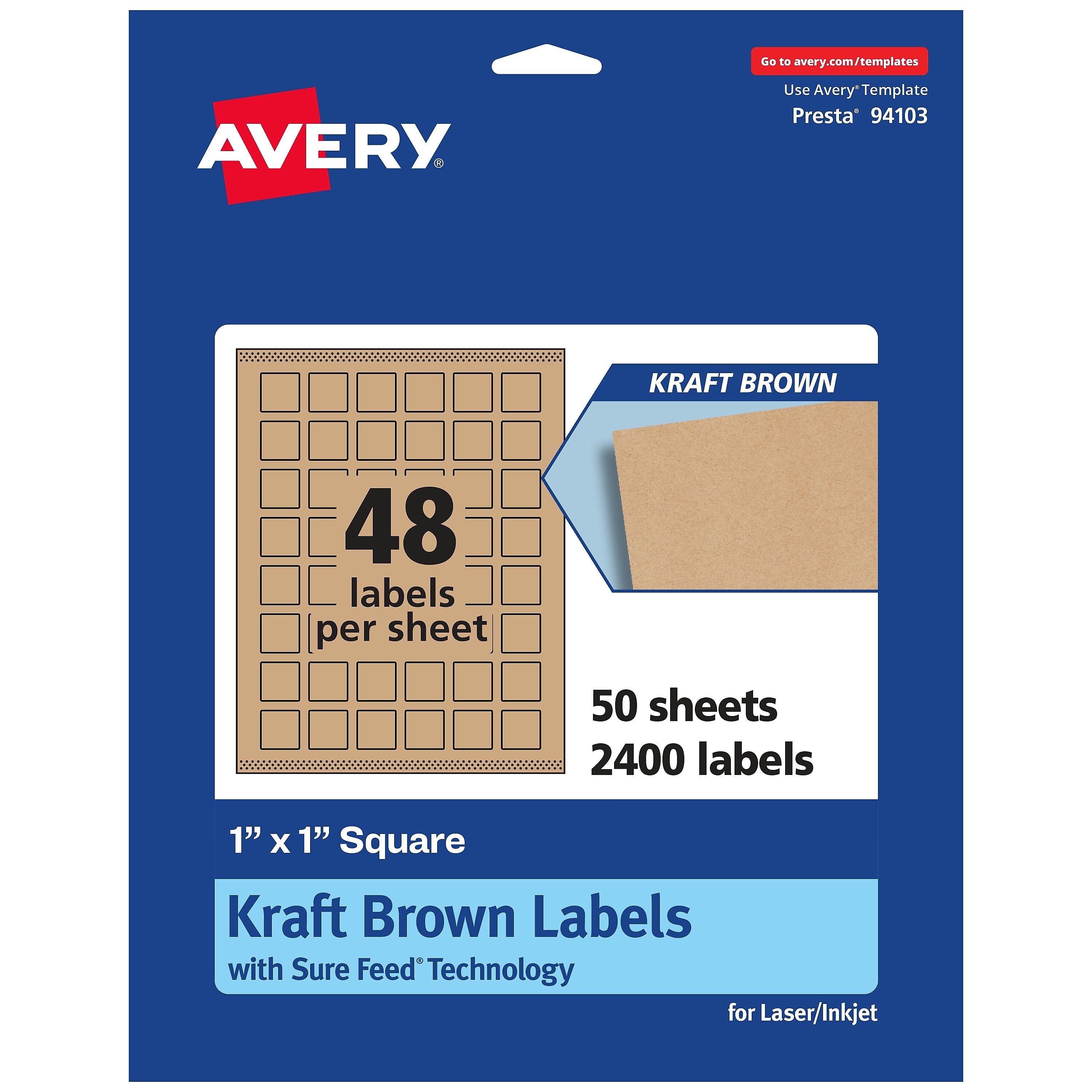 Avery Square Labels, 1" x 1", Kraft Brown, 2,400 Labels/Box (94103)