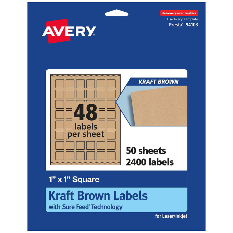 Avery Square Labels, 1" x 1", Kraft Brown, 2,400 Labels/Box (94103)