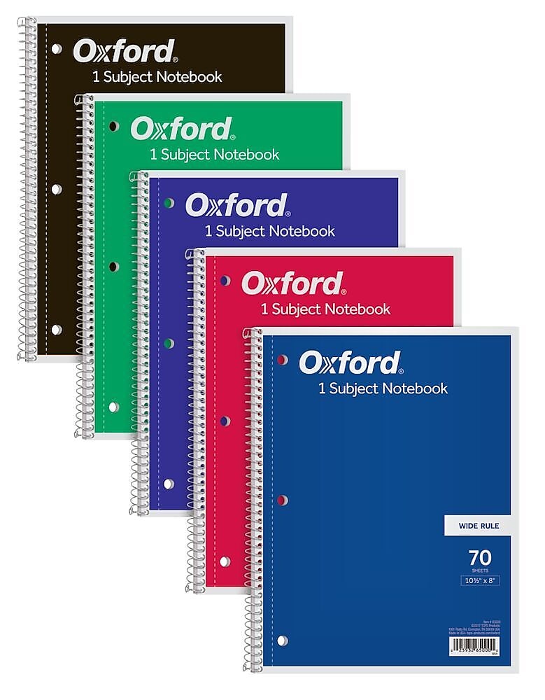 Oxford 1-Subject Notebooks, 8" x 10.5", Wide Ruled, 70 Sheets, Each (65000)