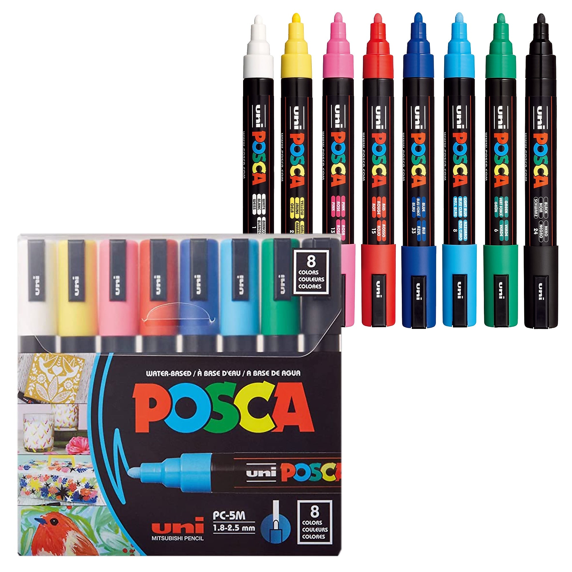uni POSCA PC-5M Water-Based Paint Markers, Reversible Medium Tip, Assorted Colors, 8/Pack (PC5M8C)