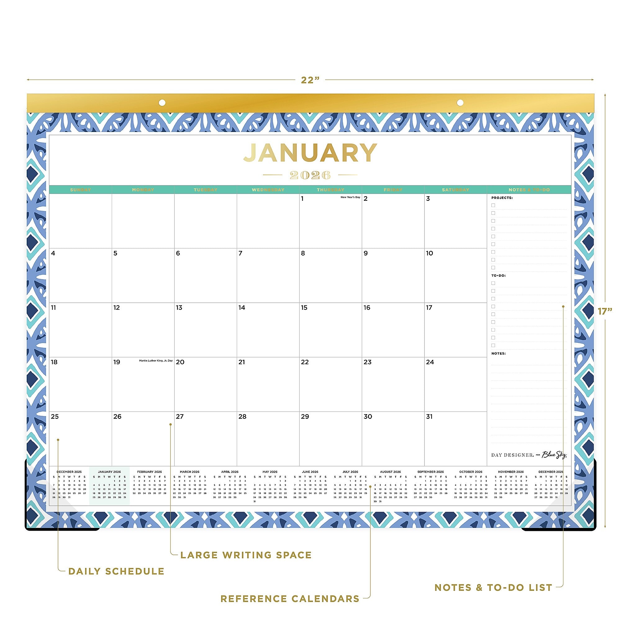 2026 Day Designer for Blue Sky Tile 22" x 17" Monthly Desk Calendar (133694-26)