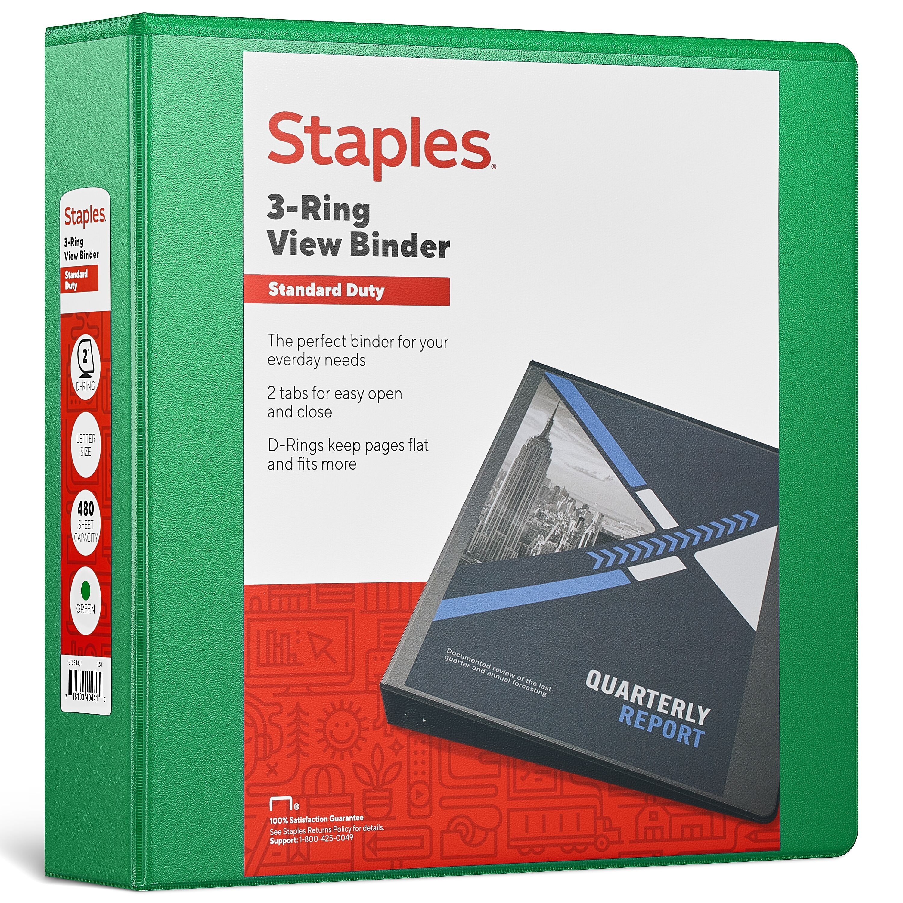 Staples 2" 3-Ring View Binder, D-Ring, Green (ST55433)