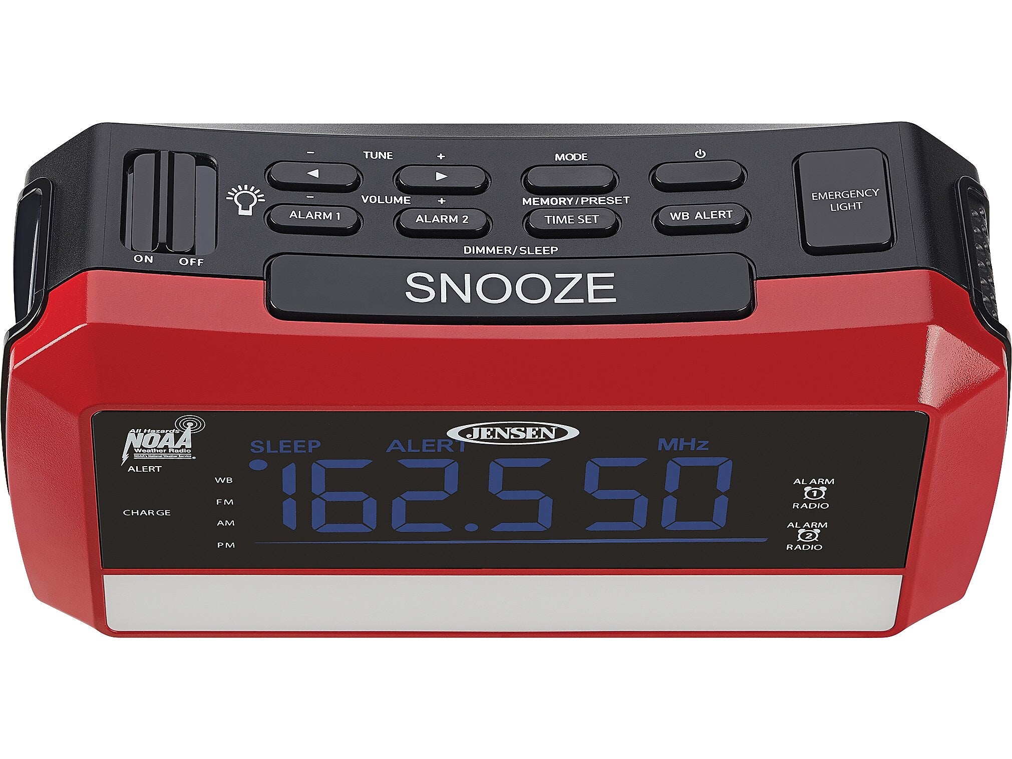 Jensen Wireless Digital AM/FM Alarm Clock Radio with NOAA Weather Alert, Emergency Light, and Built-in Flashlight, Red/Black