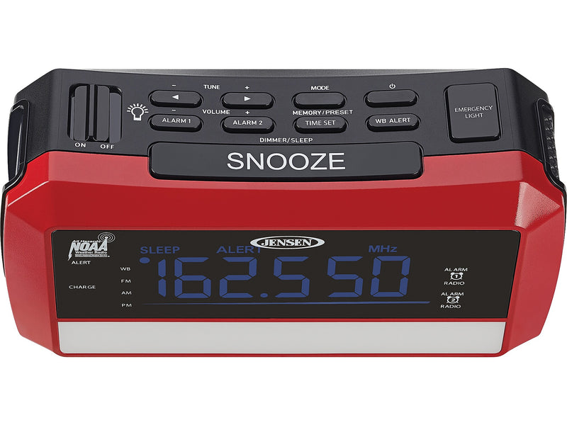 Jensen Wireless Digital AM/FM Alarm Clock Radio with NOAA Weather Alert, Emergency Light, and Built-in Flashlight, Red/Black