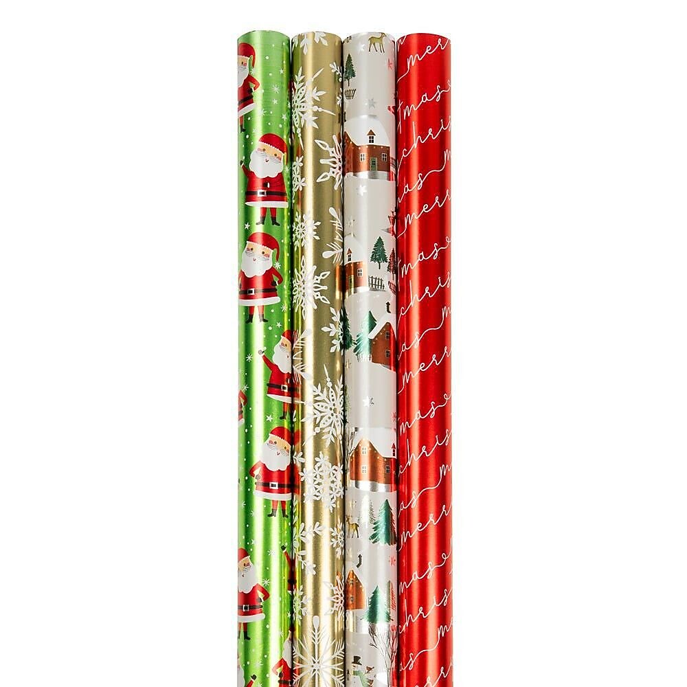 JAM Paper Christmas Wrapping Paper, 25 Sq. ft. x 30", Holographic Merry Christmas Set, 4/Pack (165H4MC)
