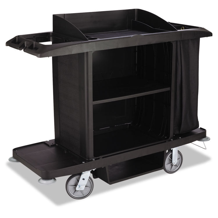 Housekeeping Cart, Plastic, 3 Shelves, 2 Bins, 22" x 60" x 50", Black
