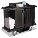 Housekeeping Cart, Plastic, 3 Shelves, 2 Bins, 22" x 60" x 50", Black