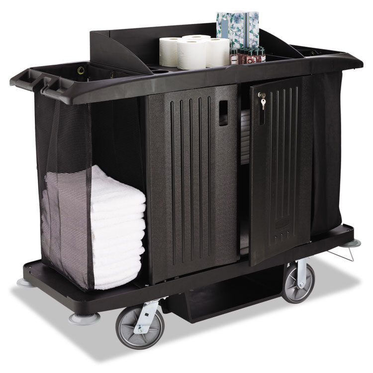 Housekeeping Cart, Plastic, 3 Shelves, 2 Bins, 22" x 60" x 50", Black