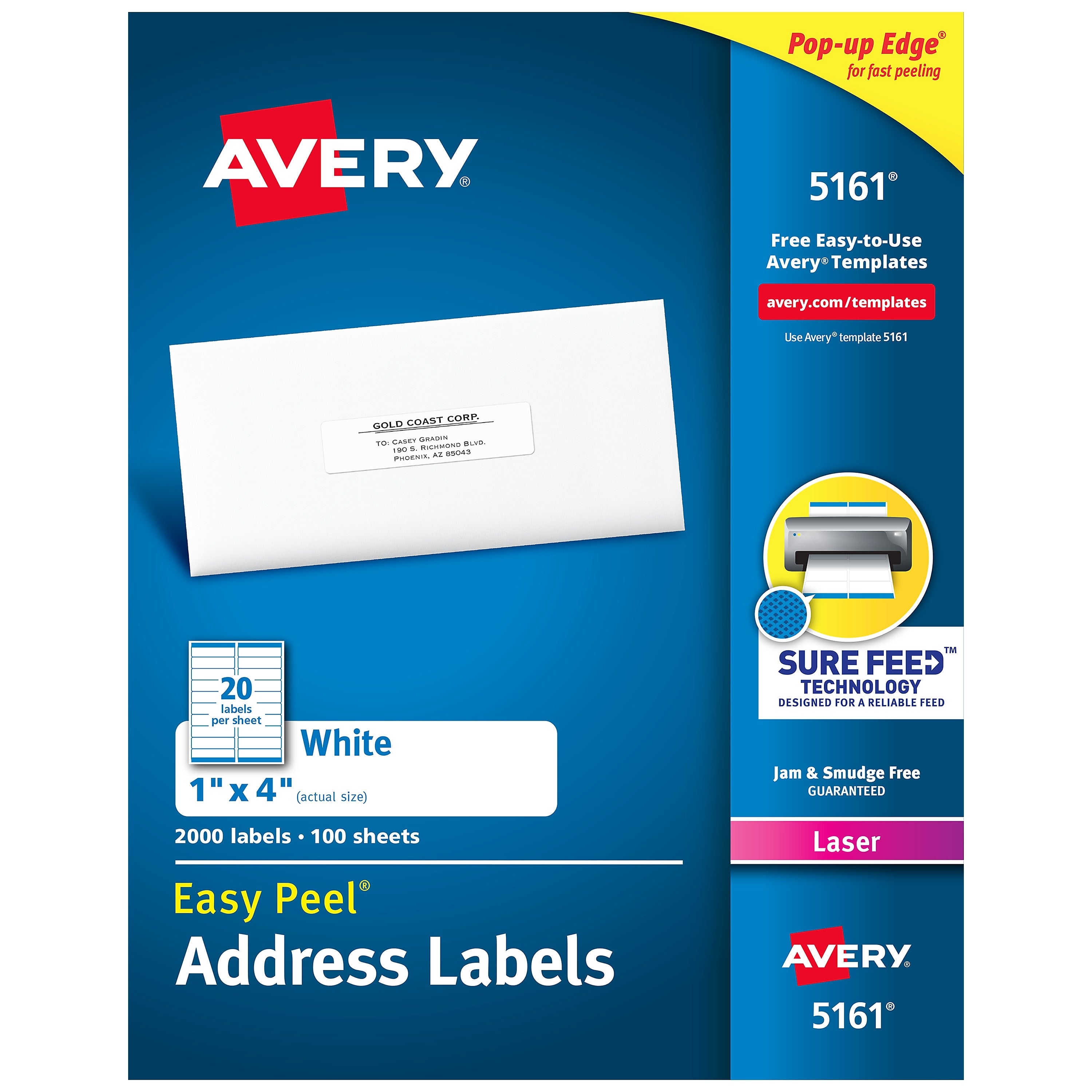 Avery Easy Peel Laser Address Labels, 1" x 4", White, 2,000 Labels/Box (5161)