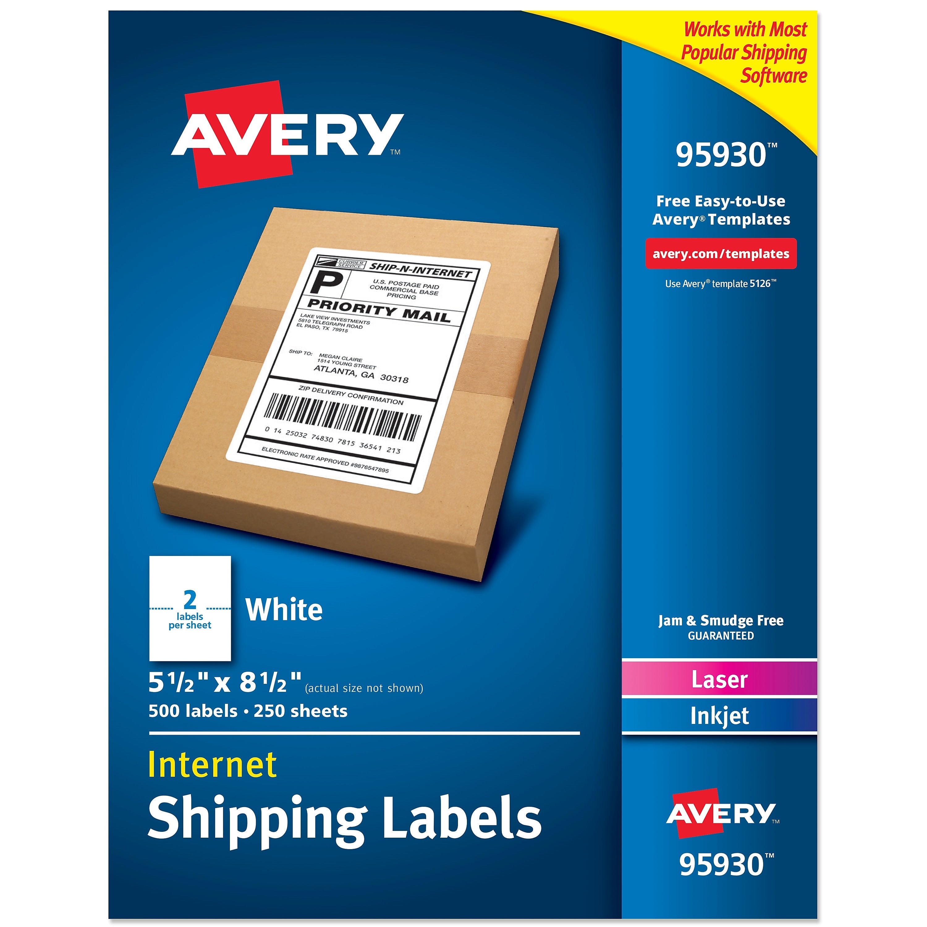 Avery Laser/Inkjet Shipping Labels, 5.5" x 8.5", Matte White, 500 Labels/Box (95930)