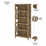 Bush Furniture Key West 66"H 5-Shelf Bookcase with Adjustable Shelves, Reclaimed Pine Laminated Wood, 2/Set (KWS046RCP)