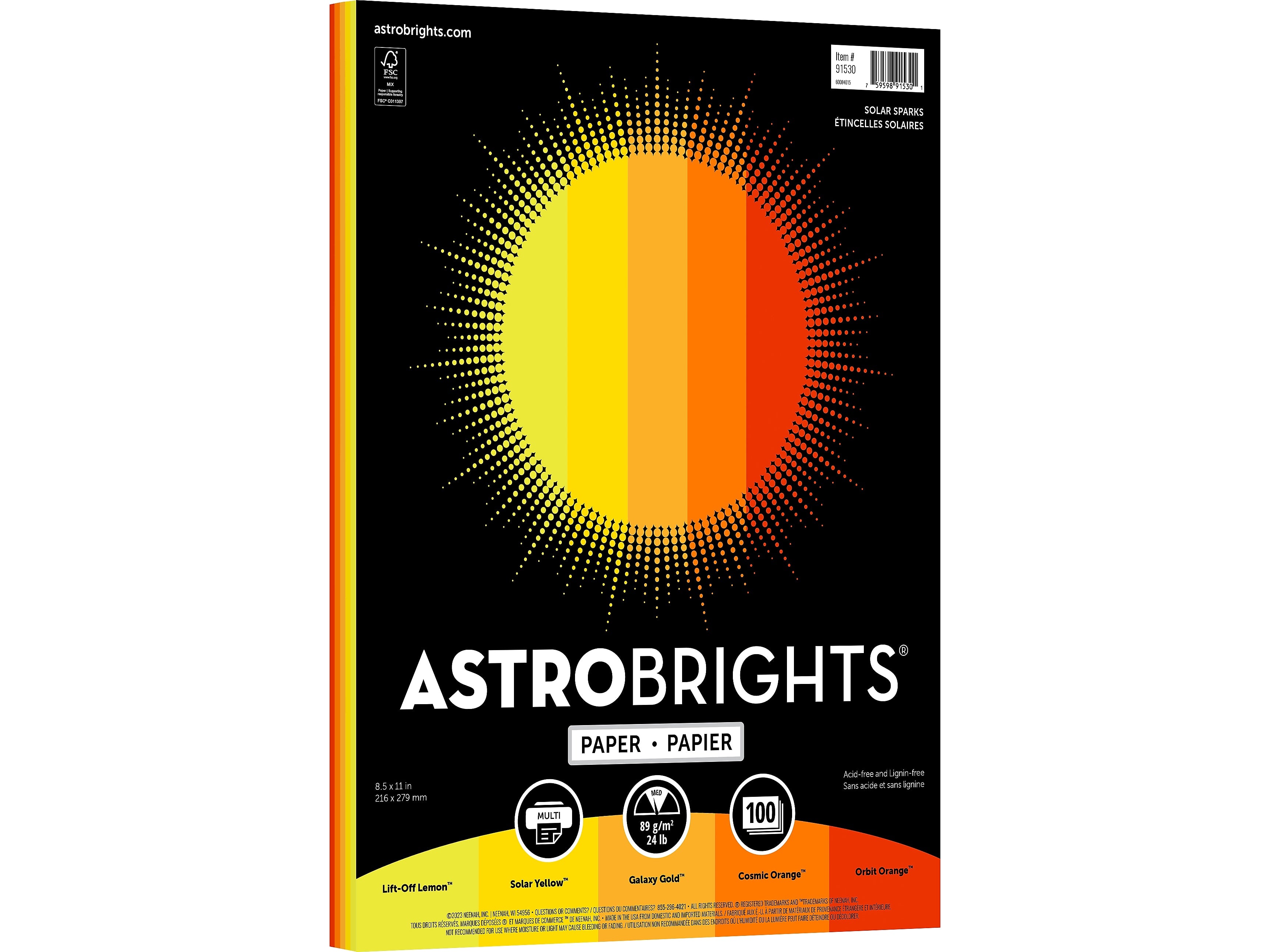 Astrobrights Colored Paper, 24 lbs., 8.5" x 11", Assorted Solar Sparks Colors, 100 Sheets/Ream (91530)