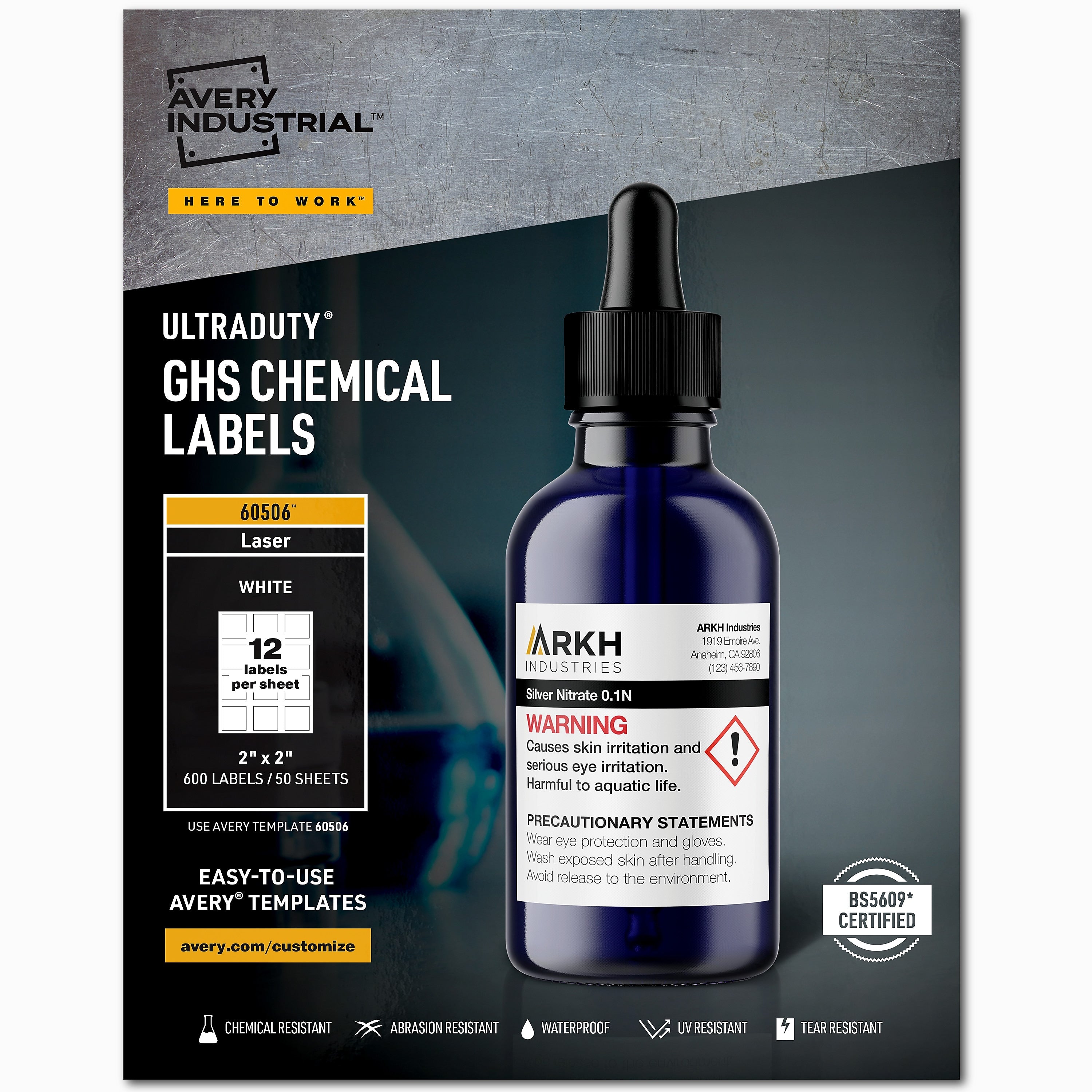 Avery UltraDuty Waterproof Laser GHS Chemical Labels 2" x 2", White, 600 Labels/Box (60506)