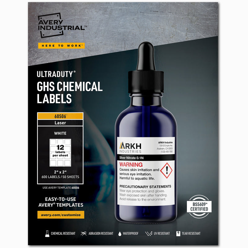 Avery UltraDuty Waterproof Laser GHS Chemical Labels 2" x 2", White, 600 Labels/Box (60506)