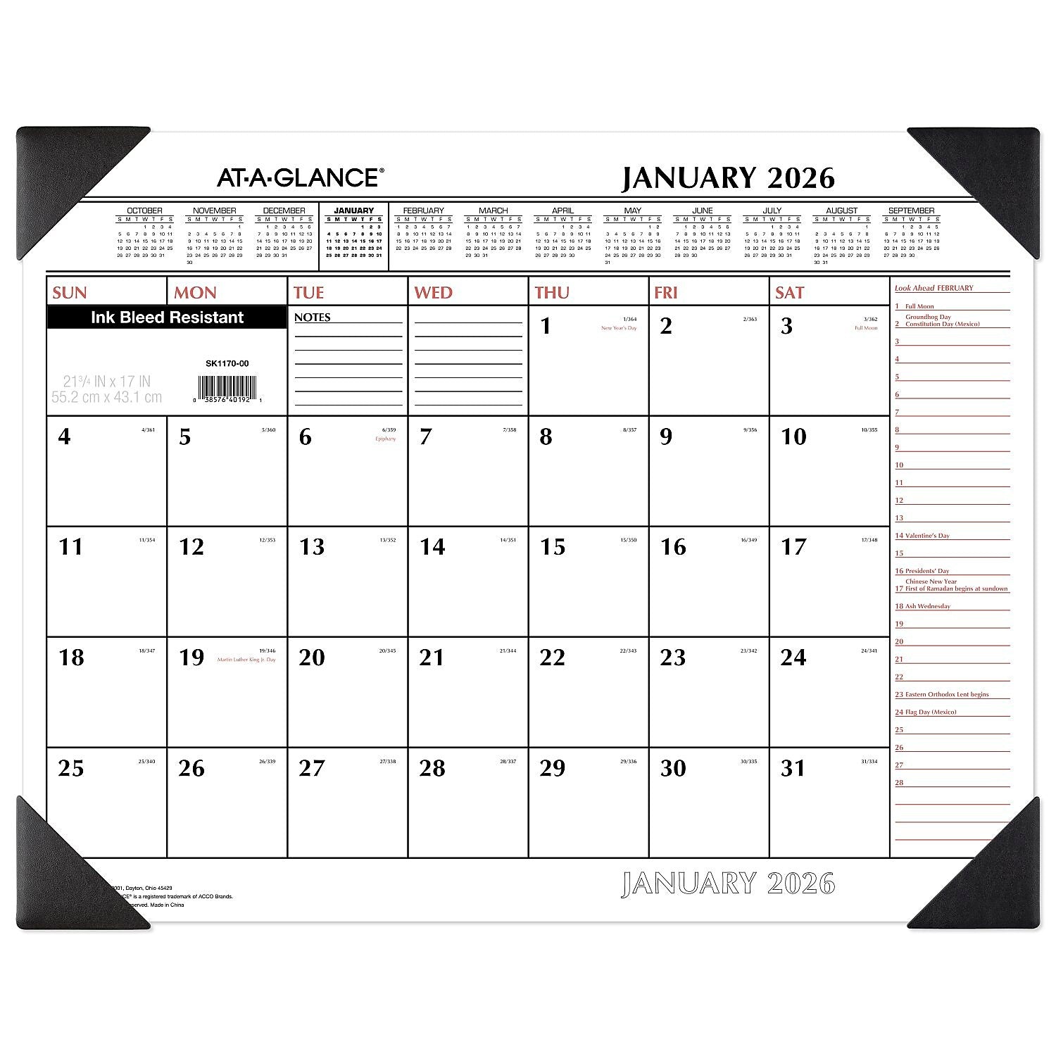 2026 AT-A-GLANCE 21.75" x 17" Monthly Desk Pad Calendar, White/Black (SK1170-00-26)
