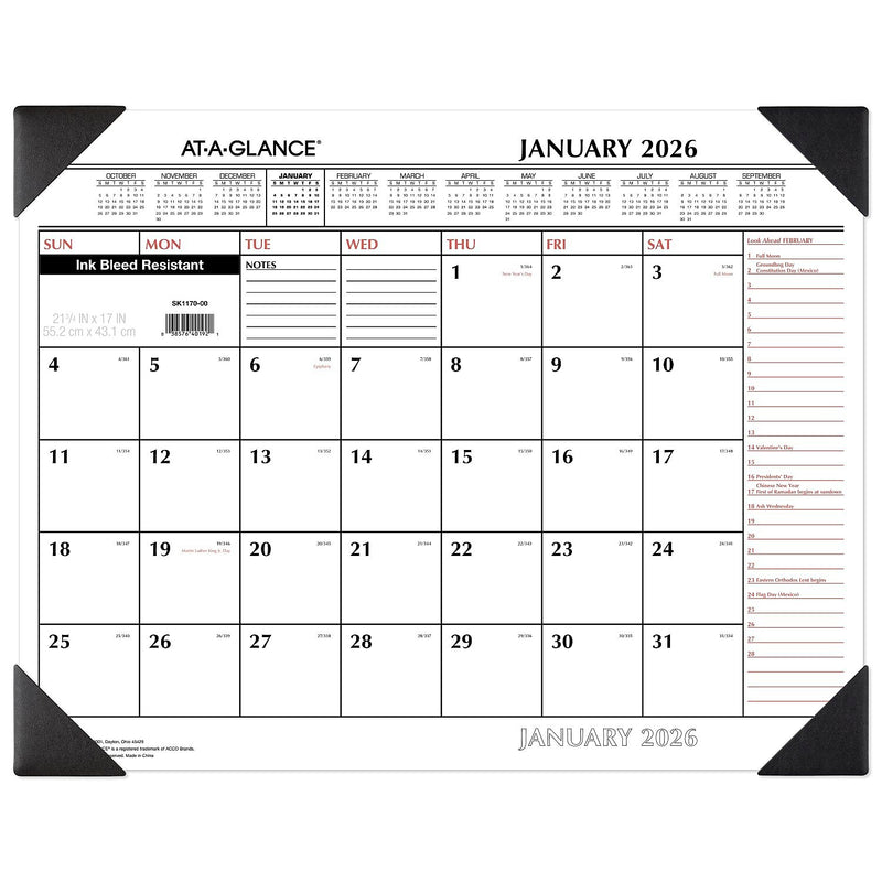 2026 AT-A-GLANCE 21.75" x 17" Monthly Desk Pad Calendar, White/Black (SK1170-00-26)