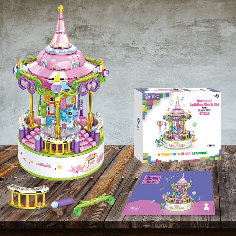 Contixo Carousel Building Block Set with Music Box, 488 Pieces/Set (CNXBK02)