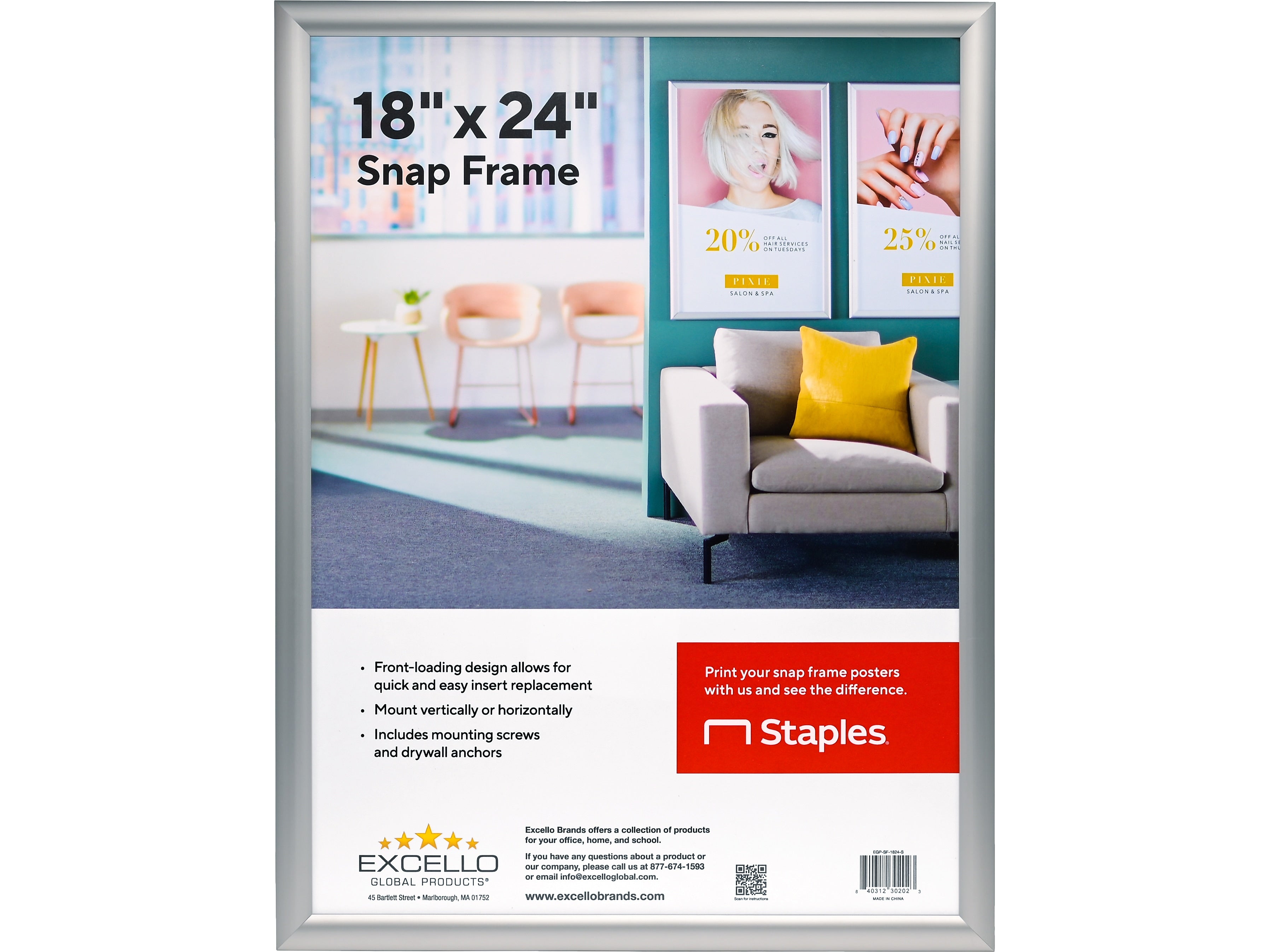 Excello Global Products Snap Frame Poster Holder, 24" x 18", Wall Mounted, Silver Aluminum (EGP-SF-1824-S)
