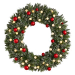 Nearly Natural 4-ft Oversized Pre-Lit Frosted Holiday Christmas Wreath with Ornaments and 40 LED Globe Lights (W1275)