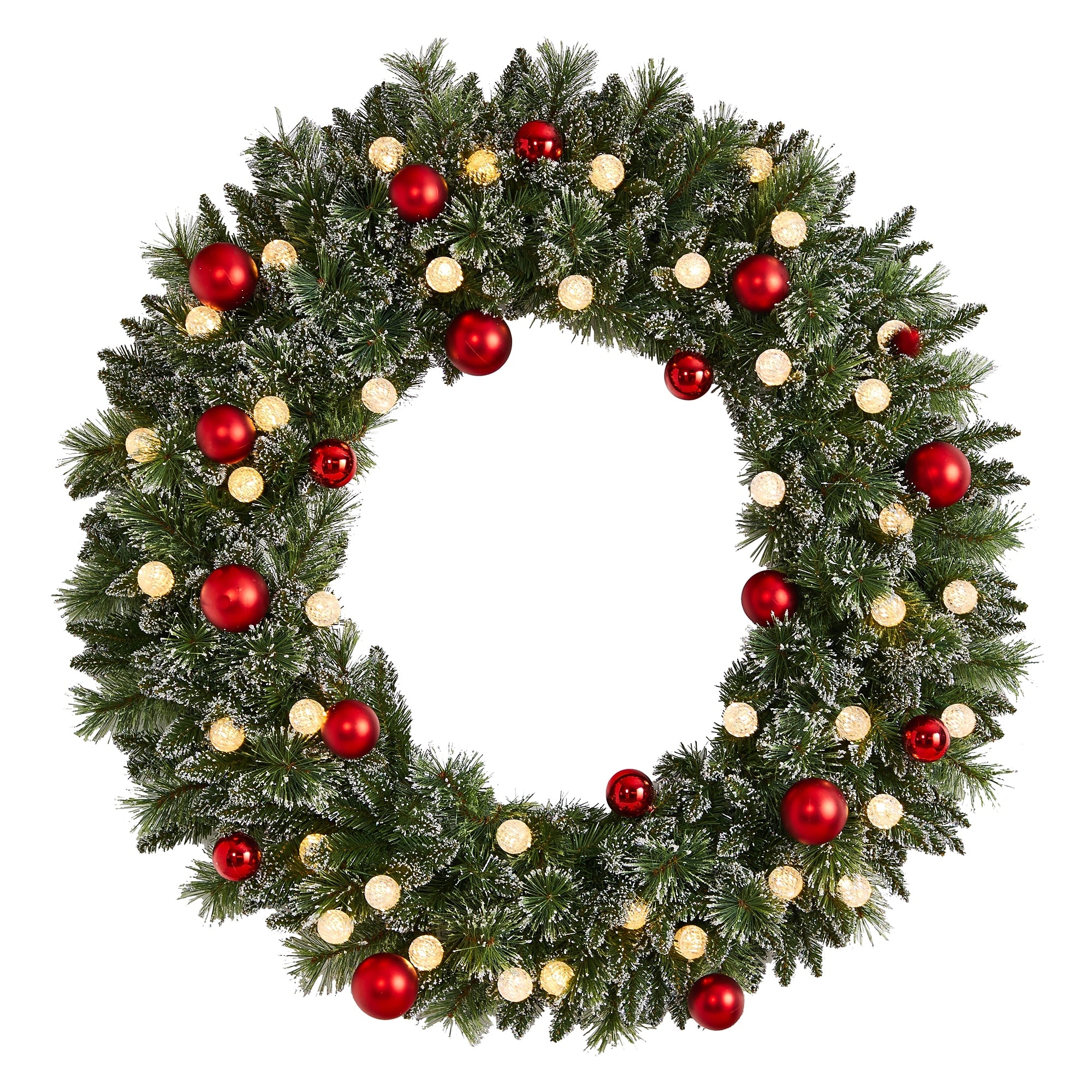 Nearly Natural 4-ft Oversized Pre-Lit Frosted Holiday Christmas Wreath with Ornaments and 40 LED Globe Lights (W1275)