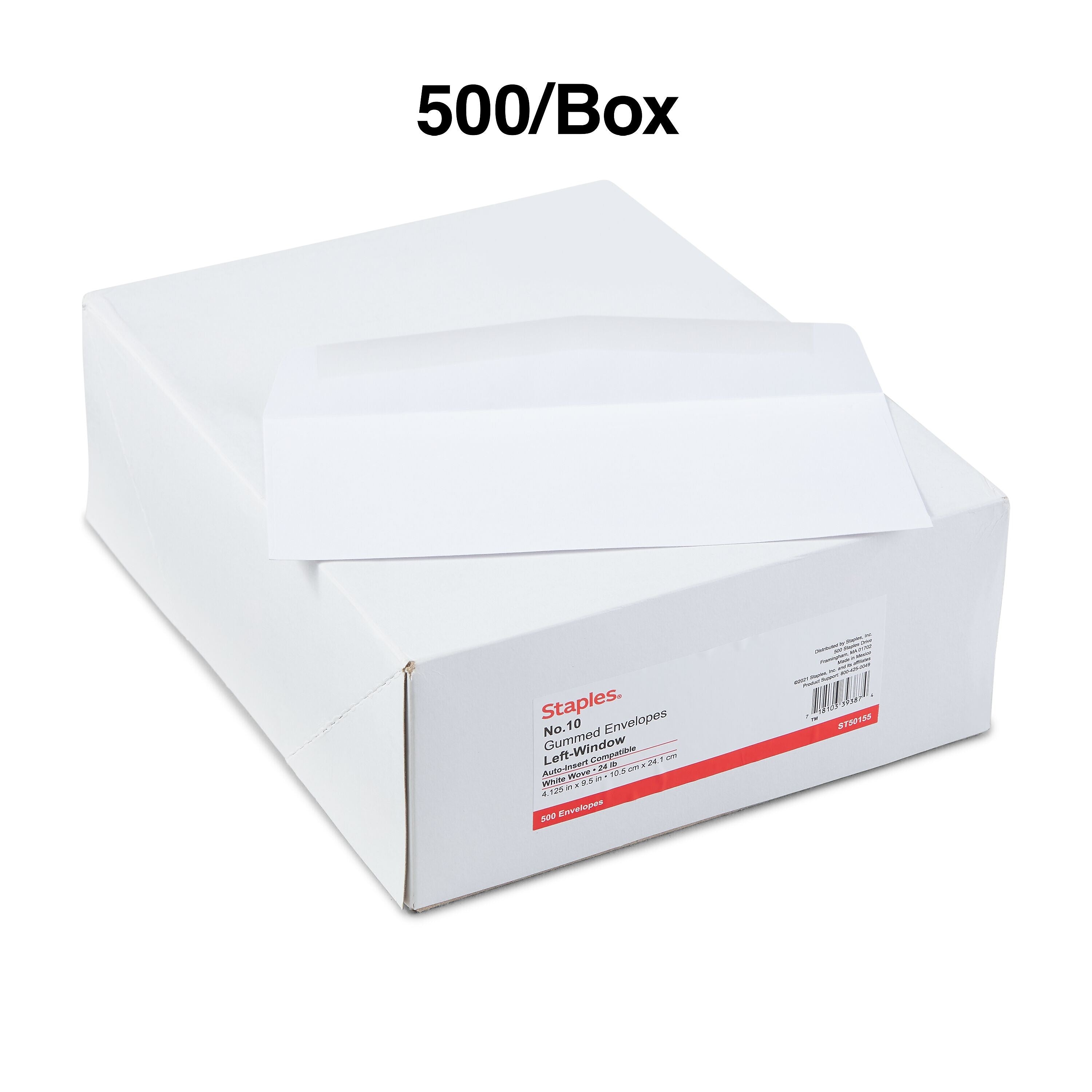 Staples Gummed #10 Business Envelope, 4 1/8" x 9 1/2", White Wove, 500/Box (SPL381937)