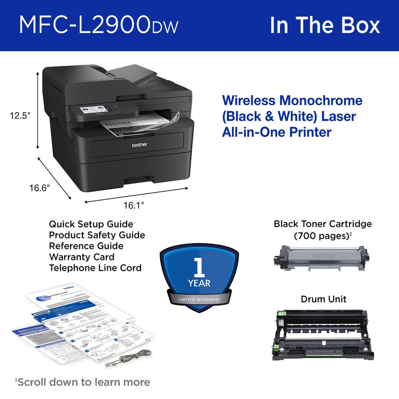 Brother MFC-L2900DW Wireless Black & White All-In-One Laser Printer, Best for Office Only