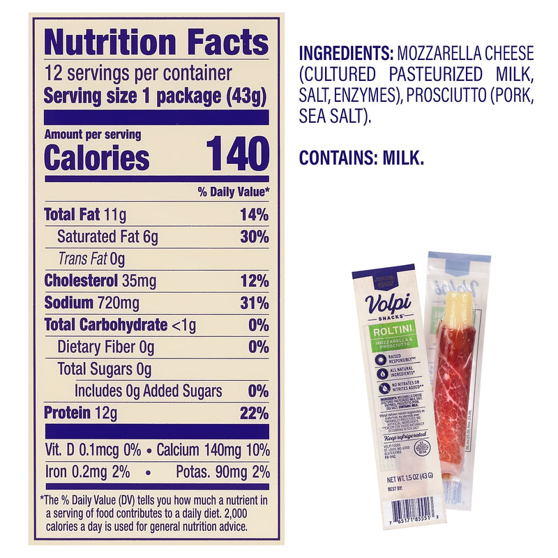 Volpi Roltini Singles, Prosciutto & Mozzarella, 1.5 oz, 24/Pack (220-02484)
