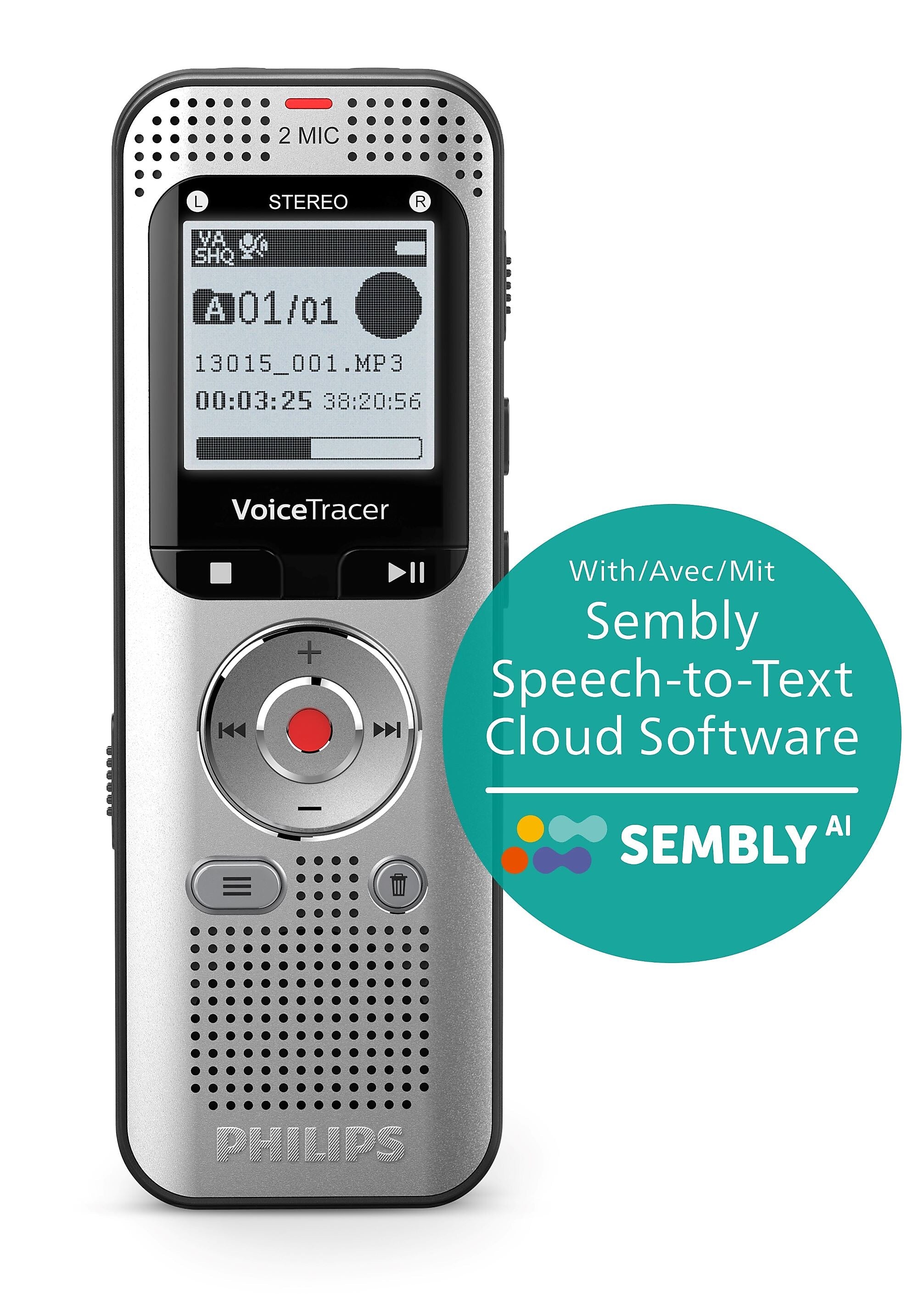 Philips VoiceTracer Digital Voice Recorder with Sembly Speech to Text, 8GB, Silver (DVT2015)