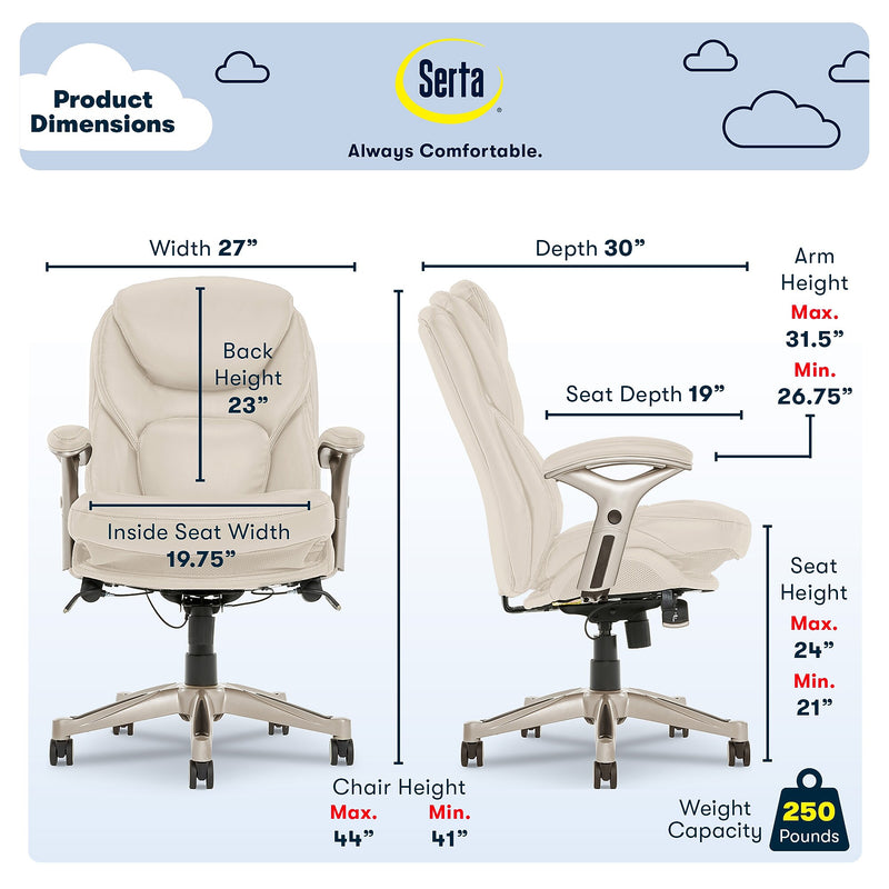 Serta Claremont Ergonomic Faux Leather Swivel Executive Chair with Back in Motion Technology, Ivory (44186C)