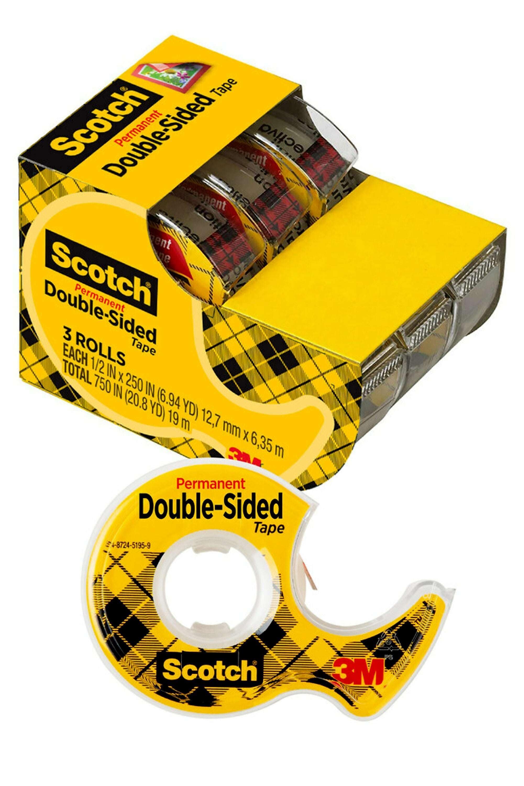 Scotch Permanent Double Sided Tape with Dispenser, 0.5" x 7 yds., 3"Core, Clear, 3/Pack(3136)