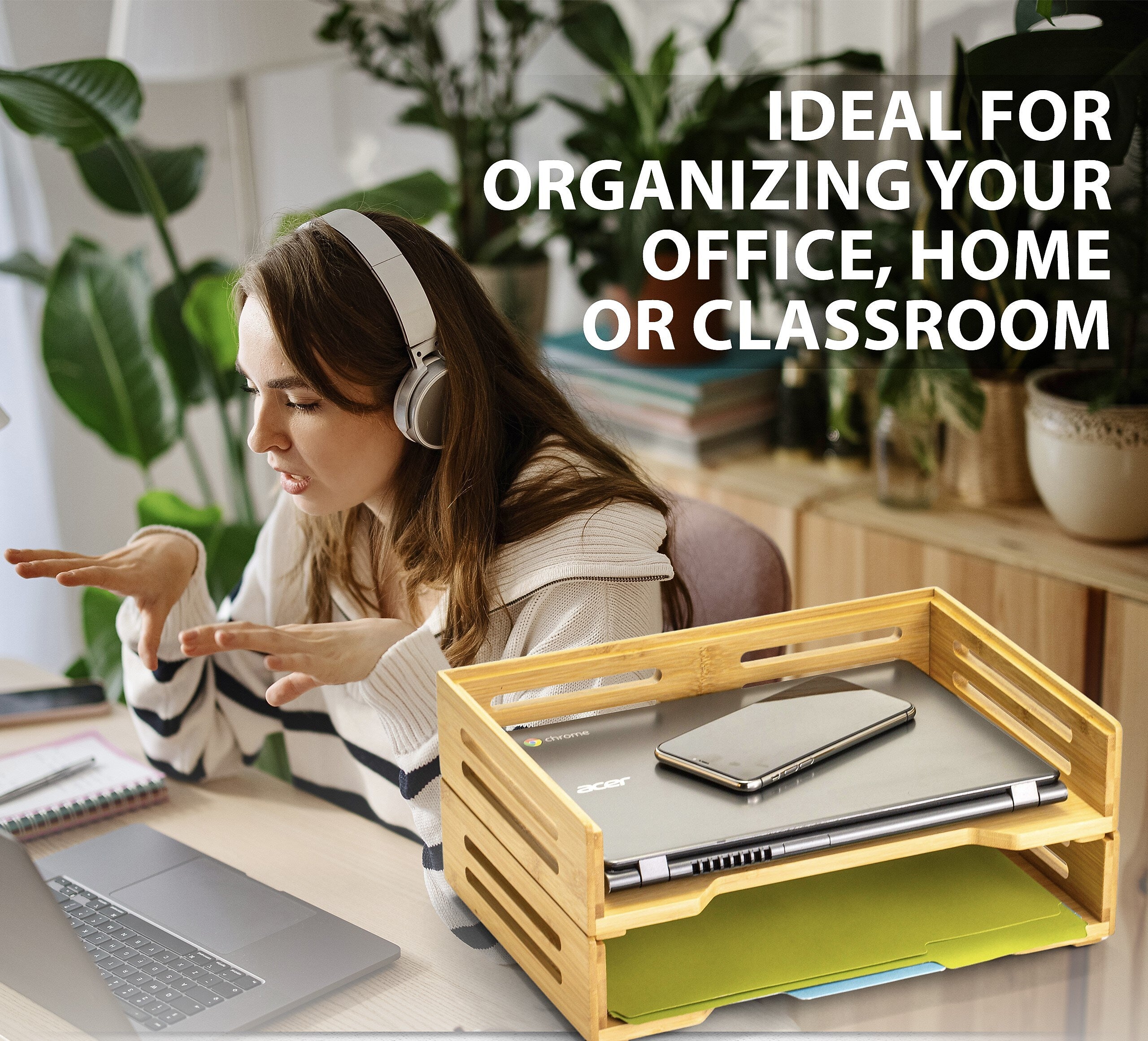 Officemate Bamboo Desk Accessories 2-Compartment Stackable Wood Desk Organizer, Natural wood grain, 2/Pack (71004)