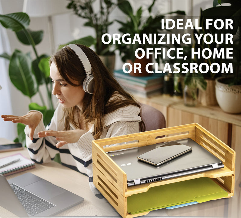 Officemate Bamboo Desk Accessories 2-Compartment Stackable Wood Desk Organizer, Natural wood grain, 2/Pack (71004)